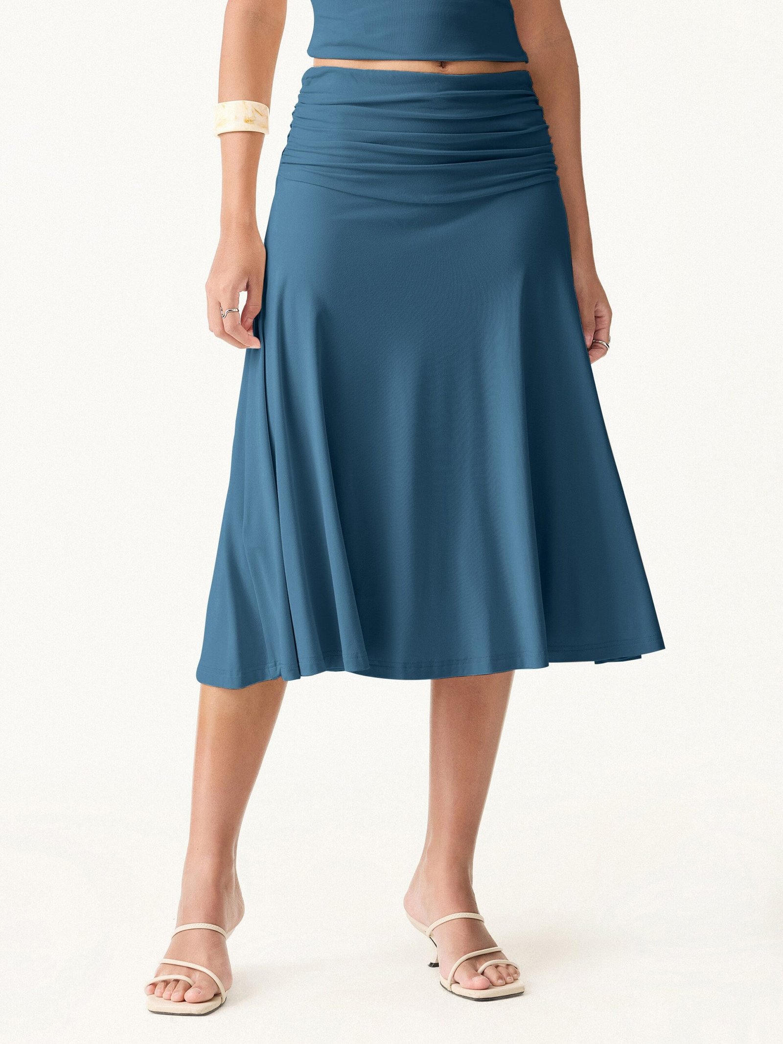 Flowy Side Ruched A-line Midi Skirt - Image 11